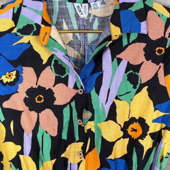 Roxy Short Sleeve Belted Jumpsuit Bold Floral Print Artsy Retro Style | Size XS - Picture 6 of 10